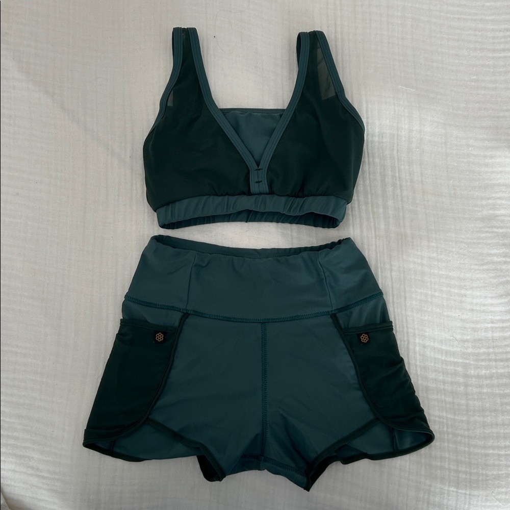 Honeycut dance outfit in forest green with mesh detail